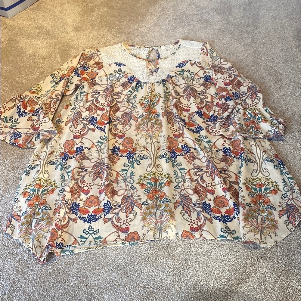Umgee Cottagecore Floral Hankie Hem Tulip Sleeve Lace Mini Dress Sz LARGE